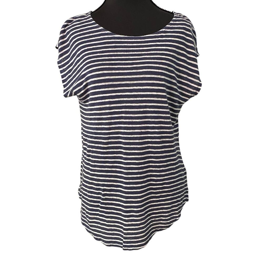 Christian Siriano NY 100% Linen Striped Top Blue White Short Sleeve Sm Coastal